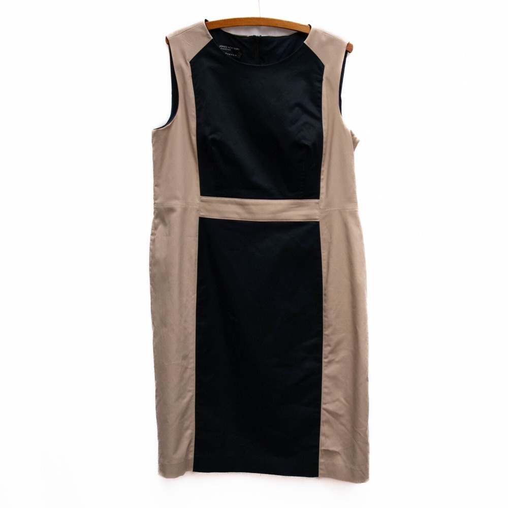 Jones New York Dress 16 Beige Black Color Block Sheath Minimalist‎ Office Career